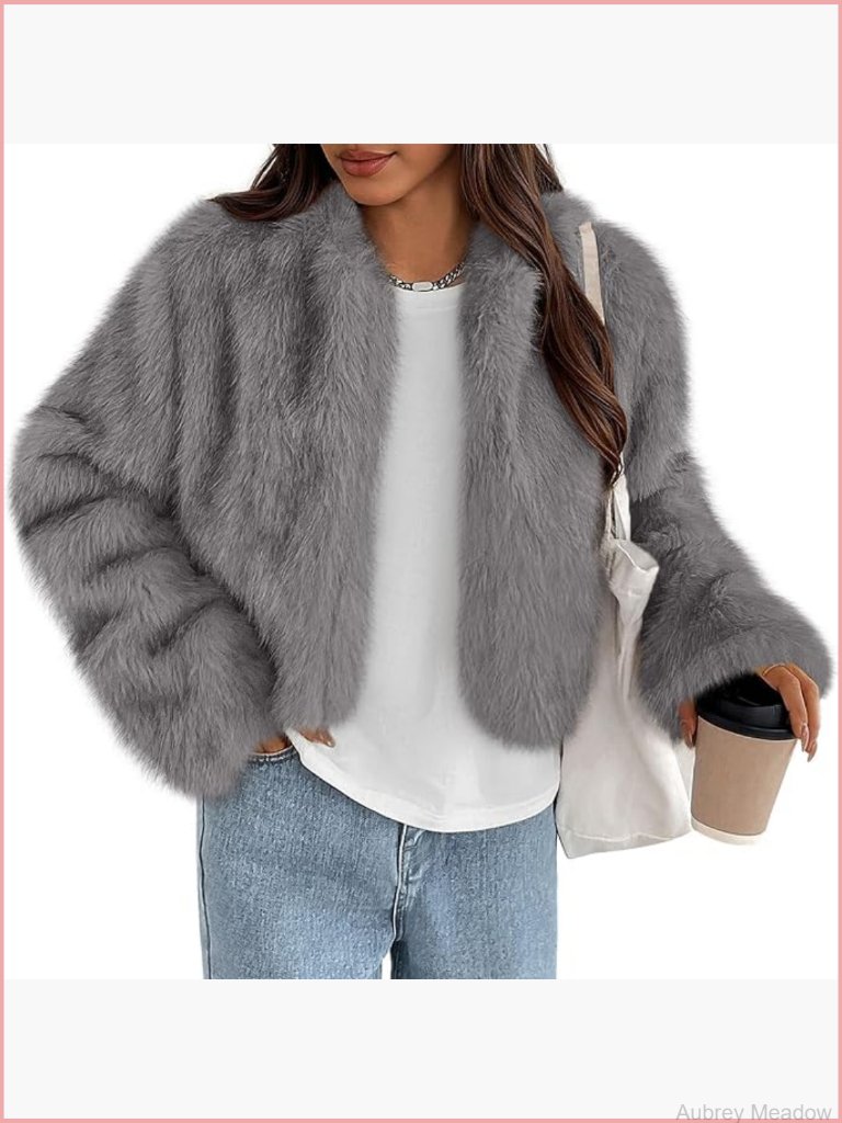 Fluffy Cropped Faux Fur Jacket Long Sleeve Open Front Shaggy Winter Coat